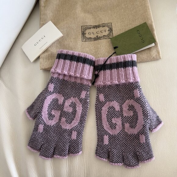 NWT Gucci Cashmere Gloves Pink Grey GG Fingerless Size L 100% Authentic - Picture 4 of 8